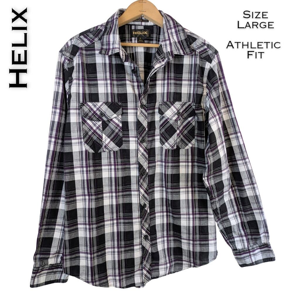 Helix Mens Button Down Shirt Large Athletic Fit Black Purple White Plaid Grunge